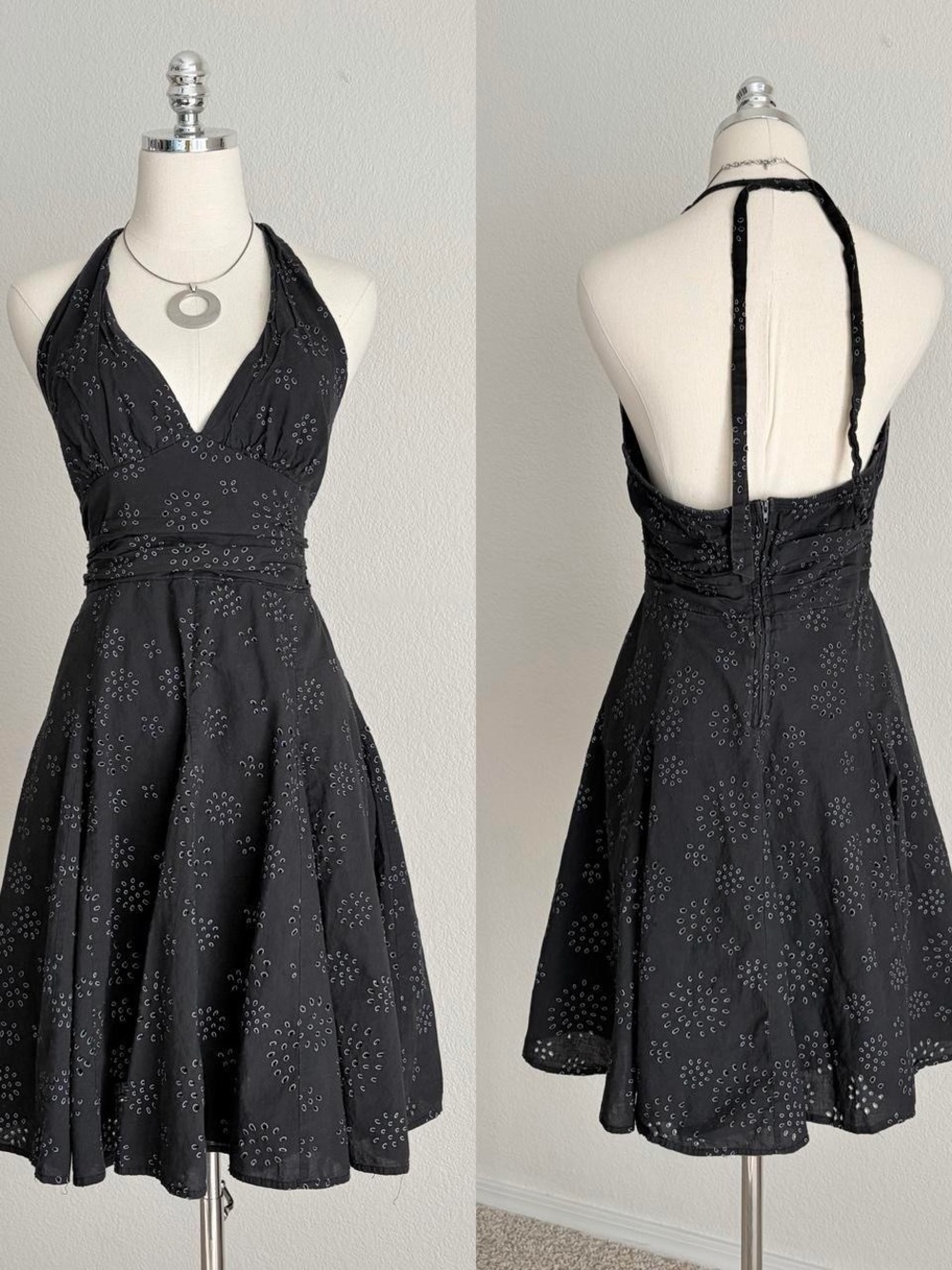 Black Halter Eyelet A-Line Dress